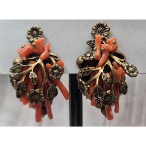 Miriam Haskell Coral Branch Dangle Earrings Brass w/Floral Leaves Unsigned 1930s